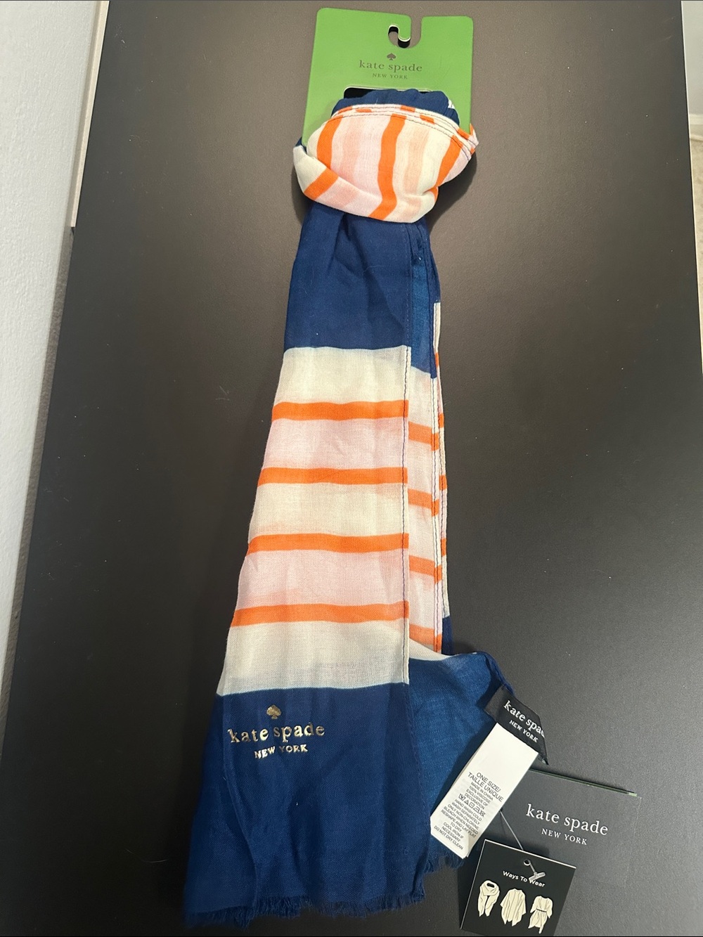 NWT Kate Spade Navy White & Orange Striped Scarf